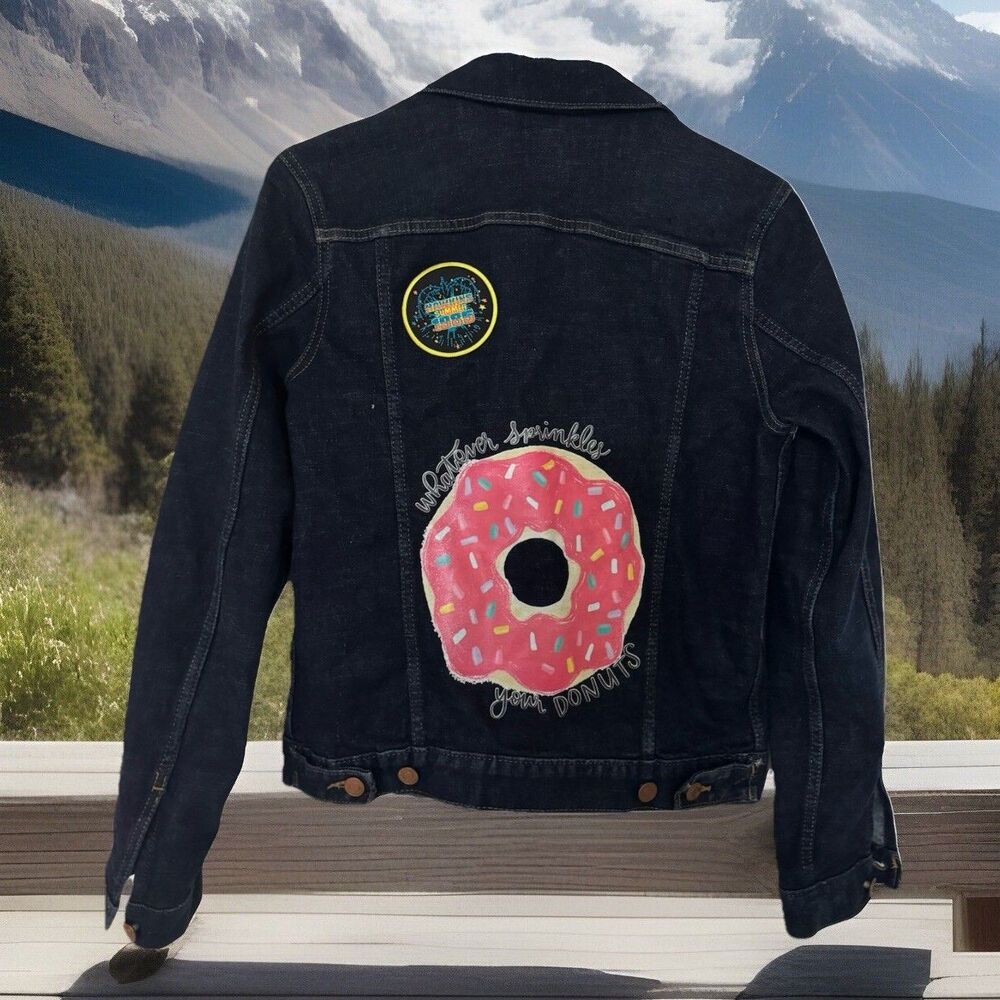 Y2K Gap Collection Womens Denim Jeans Jacket embellished Pink Donut Sequins S